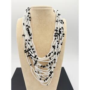 Vintage Multi-Strand Black White Necklace with Filigree Cones and Beaded Clasp